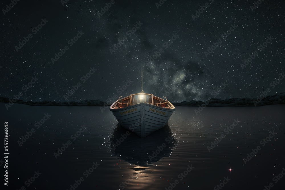 a-boat-in-the-sea-of-the-starry-night-fantasy-scenery-generative-ai