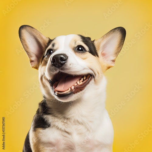 Happy puppy dog smiling on isolated yellow background. Generative AI