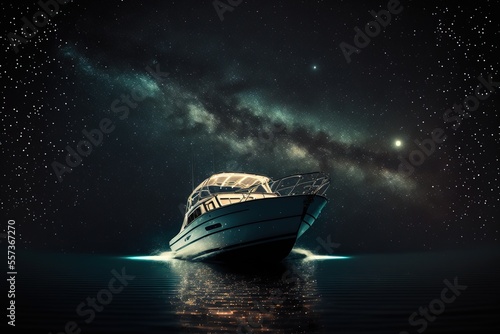 a boat in the sea of the starry night. Fantasy scenery. Generative AI