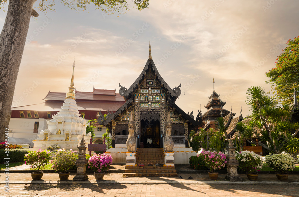 Wat Chedi Luang at sunset. ( Temple of the Great Stupa ). It is one of the most beautiful temple architectures in northern Thailand.