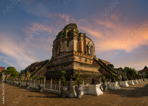 Wat Chedi Luang at sunset   Temple of the Great Stupa  . It is one of the most beautiful temple architectures in northern Thailand.