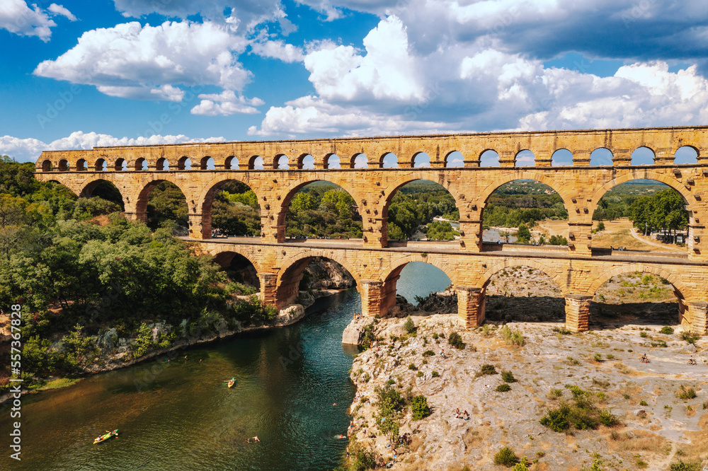 Aerial view of river Gardon with Pont du Gard roman aqueduct