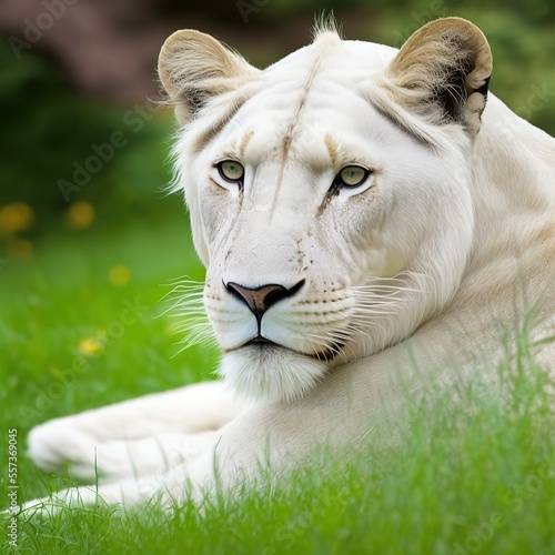 Female White Lion lying down on grass in zoo. Very shallow focus point at lion face. Generative AI