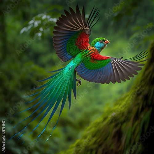 Flying Resplendent Quetzal, Pharomachrus mocinno, Savegre in Costa Rica, with green forest in background. Generative AI photo