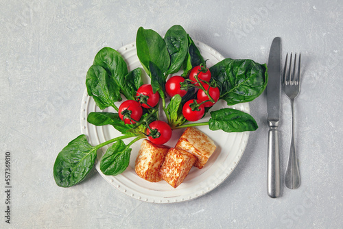 Fried curd cheese mozzarella halloumi with green spinach and cherry tomato on a branch on a gray concrete table