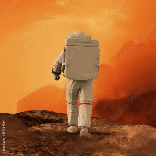 Astronaut walking on the surface of Mars, illustration photo