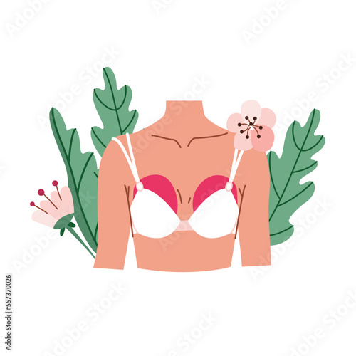 Breast pain vector illustration concept. Female chest wearing photo