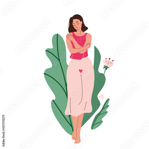 Women during menstrual period vector illustration. Girl hugs herself