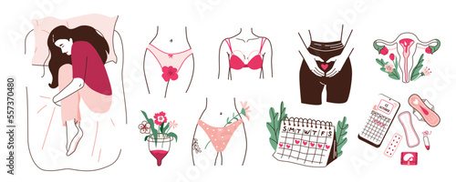 Feminine menstruation vector illustration set. Women during menstrual
