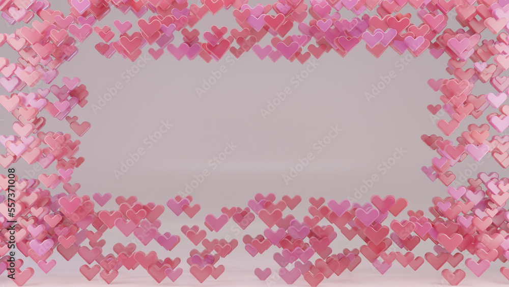 Pink Background with Various Hearts Shaped 3D Render, Valentine Day Concept Background, Heart confetti falling over pink background for greeting cards, wedding invitation