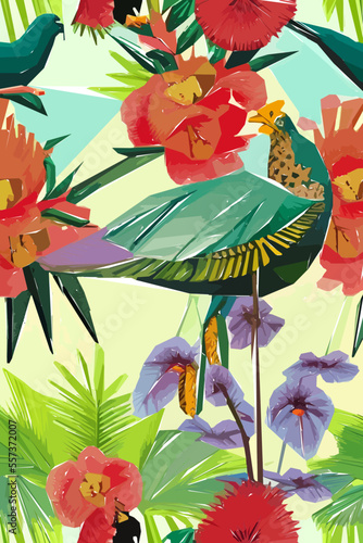 Colorful illustration of bird, flowers, leaves. Vector for wallpapers, fabrics, wrappers, postcards, greeting cards, wedding invitations, banners.
