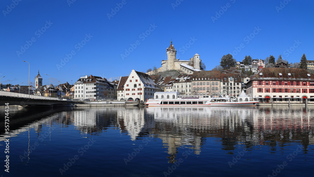 Panorama of the Swiss old town Schaffhausen in winter, with the medieval castle Munot over the Rhine river. Munot is the landmark of this town. Panorama of the Swiss old town Schaffhausen in winter, with the medieval castle Munot over the Rhine river. Munot is the landmark of this town.