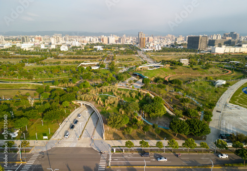 Taichung City, Taiwan - November 28, 2022 : Aerial view of Taichung Central Park. Xitun District Shuinan Economic and Trade Area. photo