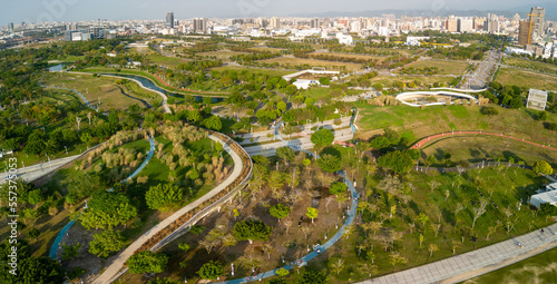 Taichung City, Taiwan - November 28, 2022 : Aerial view of Taichung Central Park. Xitun District Shuinan Economic and Trade Area. photo