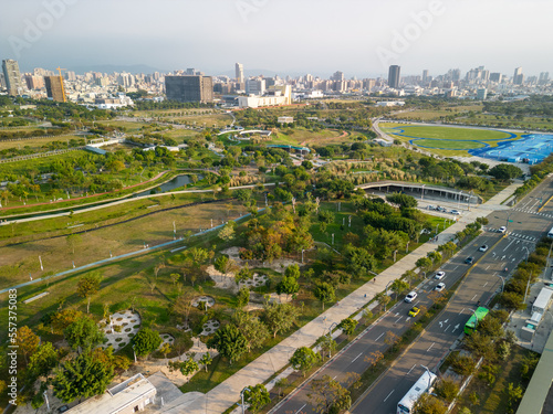 Taichung City, Taiwan - November 28, 2022 : Aerial view of Taichung Central Park. Xitun District Shuinan Economic and Trade Area.
