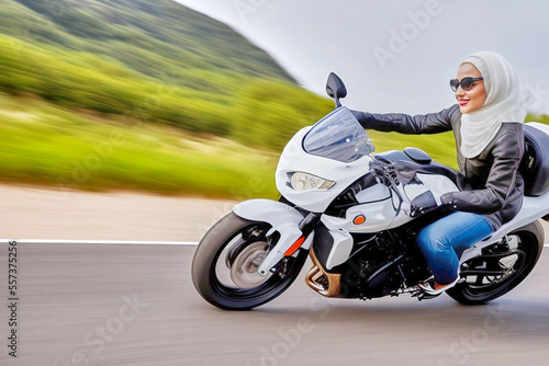 Young woman wearing jeans, black leather jacket, white hijab and sunglasses cornering her motorbike, background with motion blur, fictional person, made with generative AI