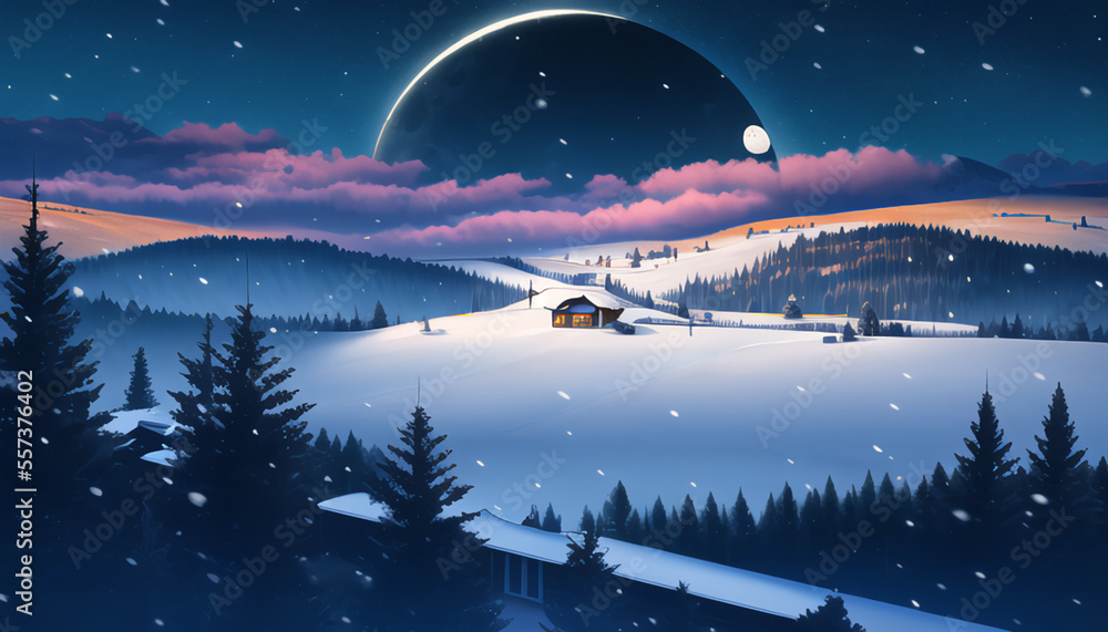Fototapeta premium Snow Valley. Winter. A fantastic night sky. Amazing landscape. New Year's night.