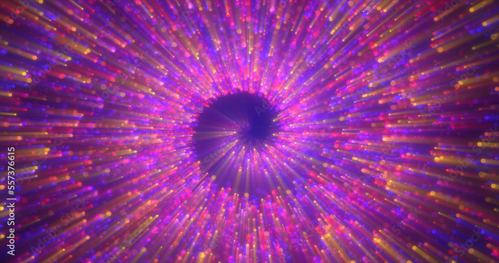Abstract spiral tunnel of beautiful flying glowing magical particles bokeh circles of multicolored purple energy on a dark background. Abstract background Abstract spiral tunnel of beautiful flying glowing magical particles bokeh circles of multicolored purple energy on a dark background. Abstract background