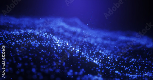 Abstract blue glowing energy waves from particles and magical dots with blur effect on dark background. Abstract background