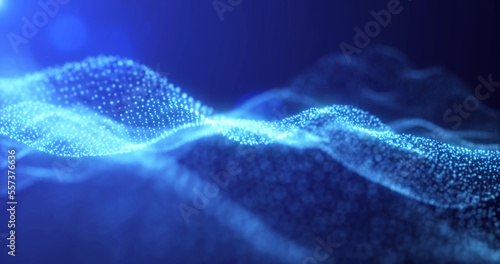 Abstract waves from particles and lines of blue futuristic beautiful flying glowing magical energy with sun rays and blur effect. Abstract background