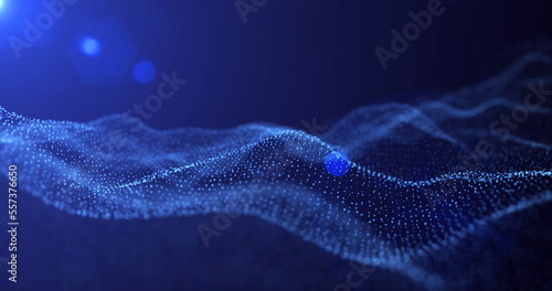 Futuristic abstract blue glowing wave lines from dots and particles of shining pixels magical energy glowing neon in sunbeams. Abstract background. Screensaver