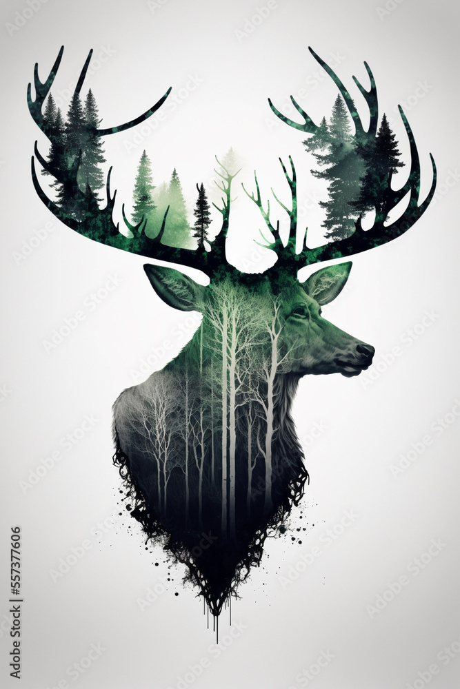 Fototapeta premium Double exposure illustration of a deer and misty forest. 