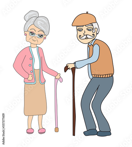 elegant old couple on a walk - doodle isolated illustration