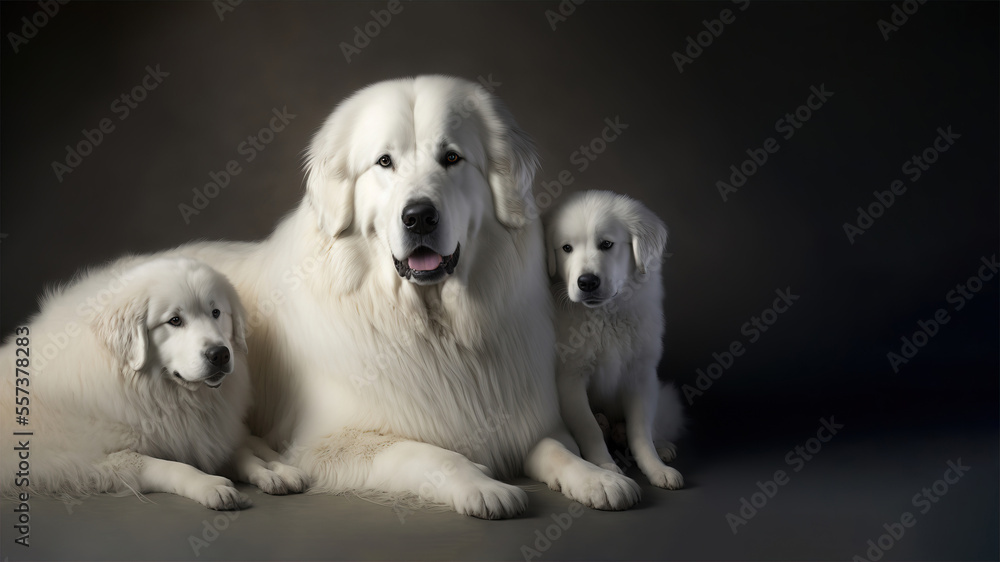 white Pyrenean Mountain dog mother with her puppies isolated on dark background with copyspace area