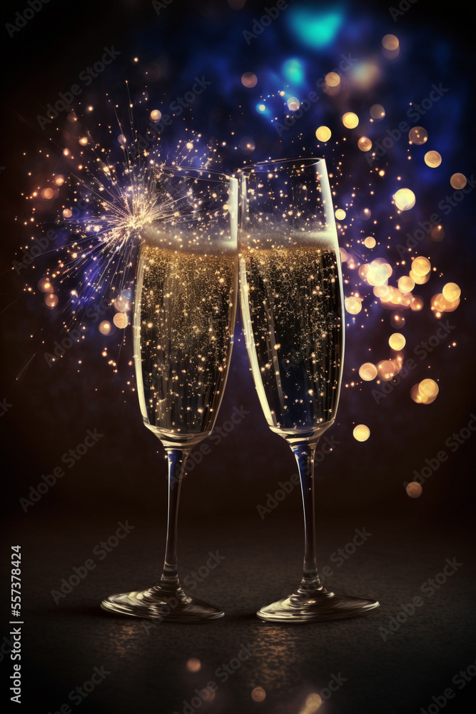 New Years eve concept with bokeh, fireworks and glasses of champagne. New Years eve concept with bokeh, fireworks and glasses of champagne.