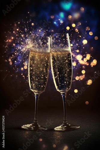 New Years eve concept with bokeh, fireworks and glasses of champagne.	
