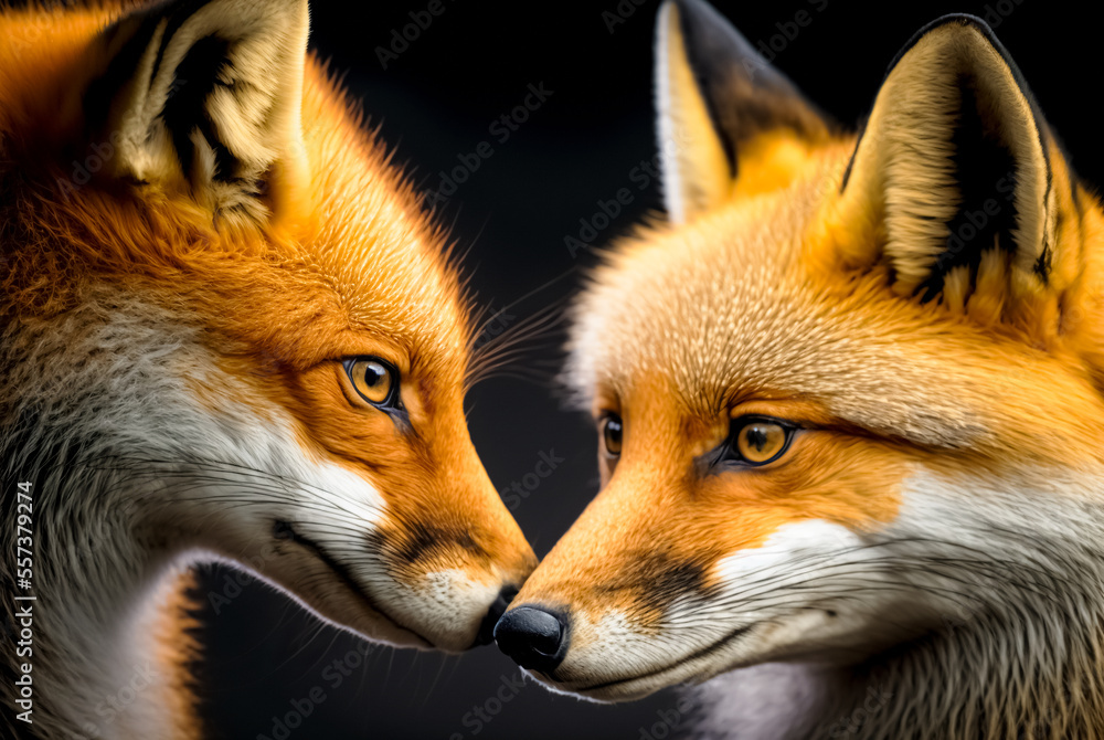 A couple of red foxes. Beautiful animal in the nature habitat. Wildlife scene from the wild nature. Cute animal in habitat. digital art	