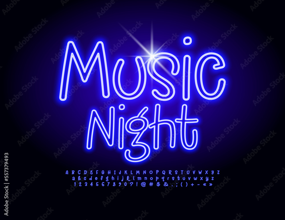 Vector bright poster Music Night. Artistic handwritten Font. Electric Alphabet Letters and Numbers set