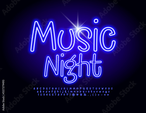 Vector bright poster Music Night. Artistic handwritten Font. Electric Alphabet Letters and Numbers set