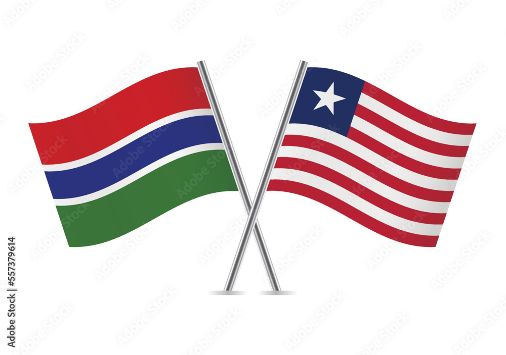 Obraz premium Gambia and Liberia crossed flags. Gambian and Liberian flags on white background. Vector icon set. Vector illustration.