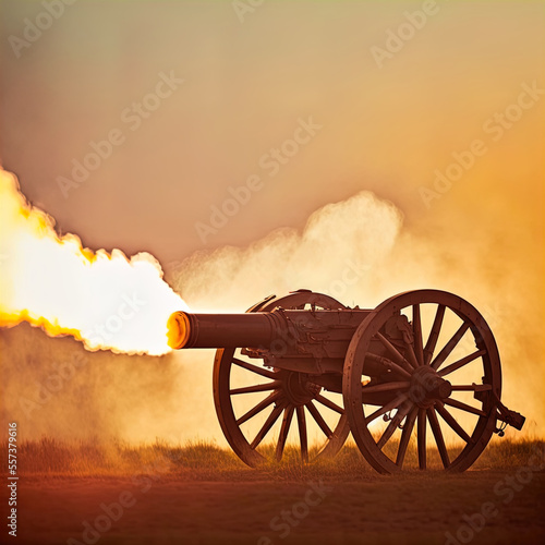 Foto Cannon fires in a blast of flame and smoke.