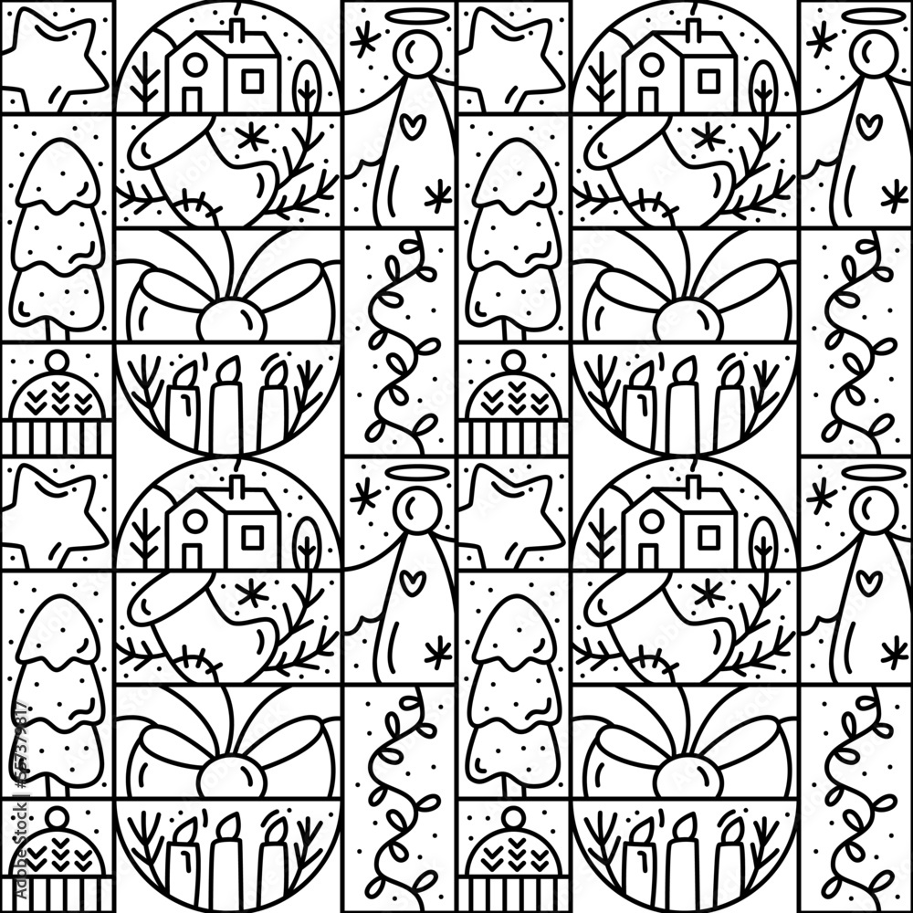 Obraz premium Vector Christmas logo advent seamless pattern. snowflake, candles, sock, garland, sock and star. Hand drawn monoline winter vector constructor for greeting card, invitation