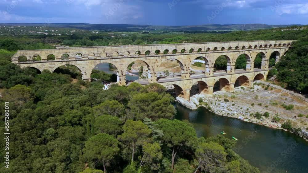 River Gardon with Pont du Gard roman aqueduct Aerial River Gardon with Pont du Gard roman aqueduct Aerial