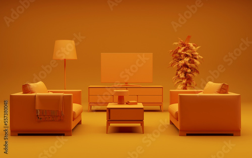 3D rendering of a monochrome orange interior. Two armchairs, chest of drawers and TV. Indoor flower and floor lamp © House