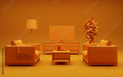 3D rendering of a monochrome orange interior. Two armchairs, chest of drawers and TV. Indoor flower and floor lamp