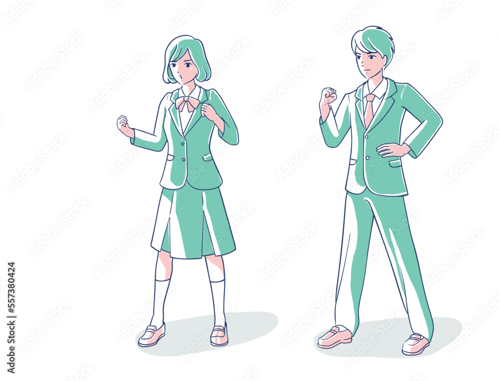 Students wearing a school uniform doing a fist pump.whole body. Students wearing a school uniform doing a fist pump.whole body.