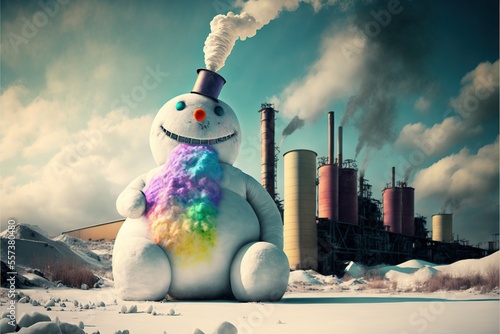 Schneemann vor einer Ölverbrennungsanlage / Fabrik, Gesellschaftskritik zum Klimawandel (Generative AI)