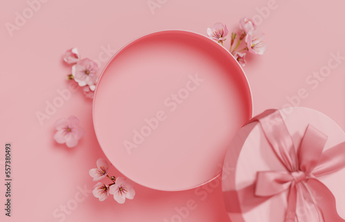 3D background gift, open box display for cosmetic product presentation with cherry sakura flower. Present with pastel pink ribbon. Spring branding banner. 3D render shopping mockup
