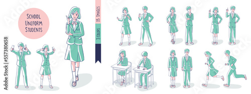 A scene of students wearing school uniforms. 3colors .15images. whole body.