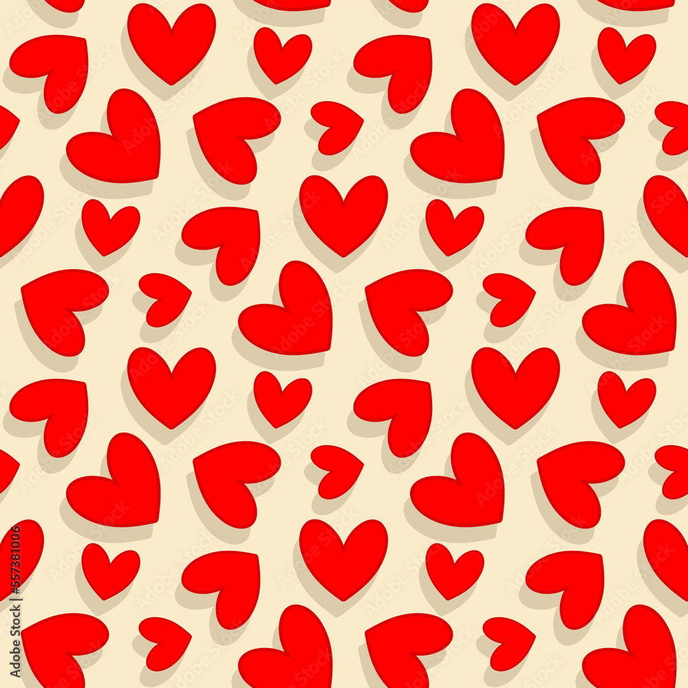 Small red hearts isolated on a beige background. Cute festive seamless pattern. Vector simple flat graphic illustration. Texture.