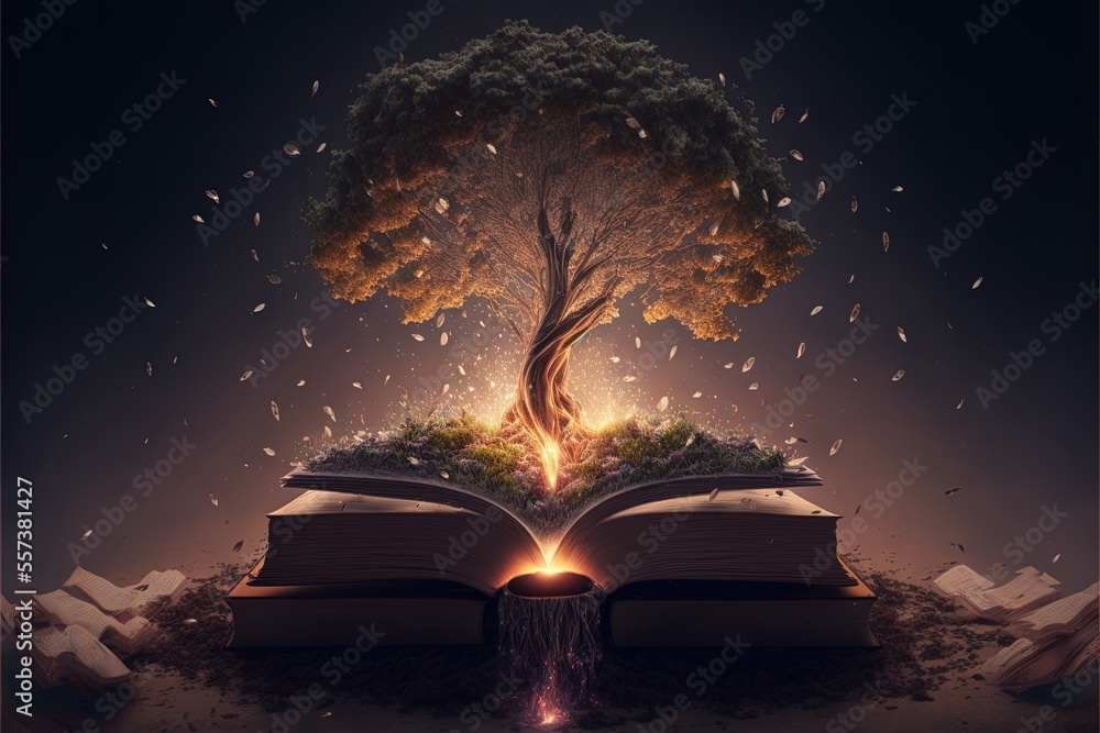 Open book with magical green tree and rays of light on wooden deck ...