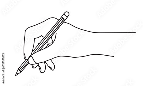 Hand holding a pencil, writing or drawing isolated on white background