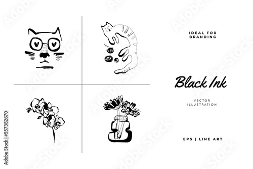 Abstract contemporary mid century modern ink boho black k illustration collection. Hand drawn trendy vector posters, illustrations for print.