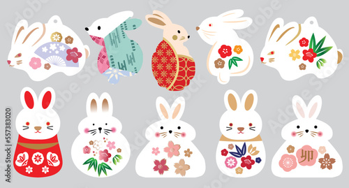 Cute New Year Rabbits Happy Chinese New Year 2023 - Year of the Rabbit Holiday amulet lusky symbol Zodiac cartoon characte.Isolated Vector set illustration