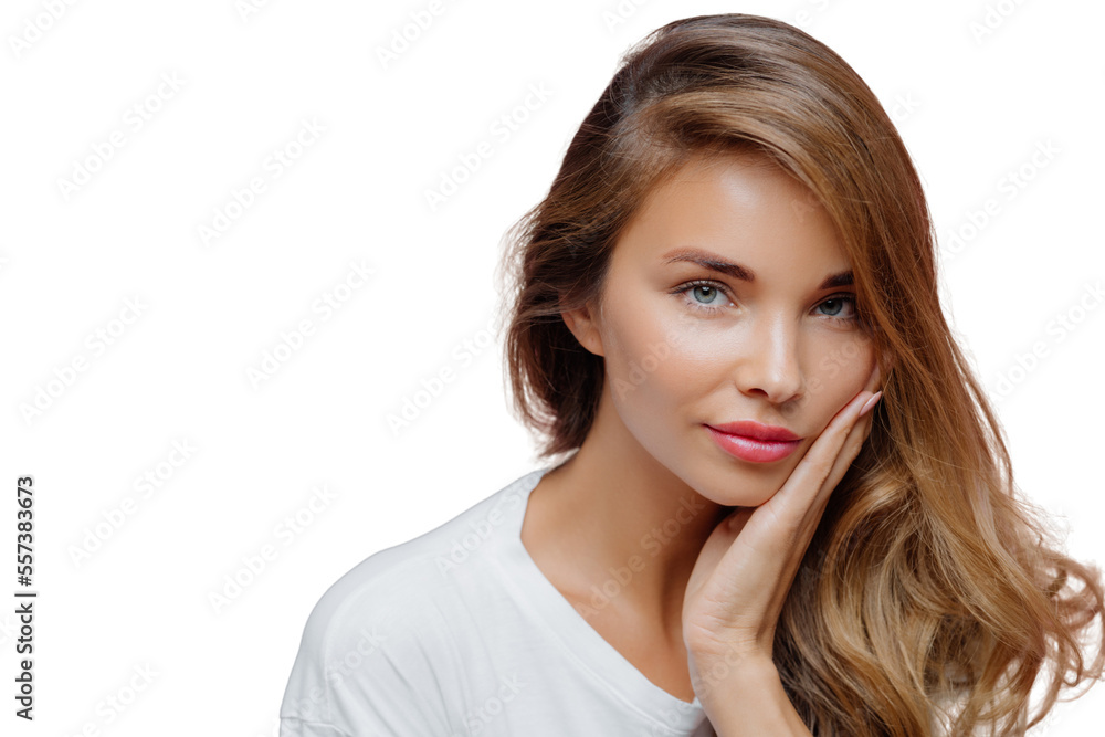Close up shot of self confident beautiful Caucasian woman has long hair combed on one side, touches cheek with palm, wears minimal professional makeup, looks at herself in mirror, prepares for date Close up shot of self confident beautiful Caucasian woman has long hair combed on one side, touches cheek with palm, wears minimal professional makeup, looks at herself in mirror, prepares for date