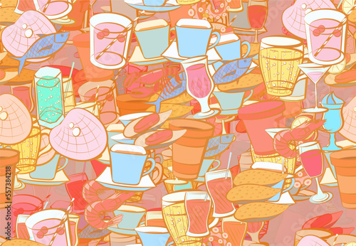 Background pattern abstract design texture. Seamless. Seafood and Drinks. Theme is about wine, kvass, royal, fish, citrus, coffee, glass, soda, shell, Martini, cup, octopus, alcohol, saucer
